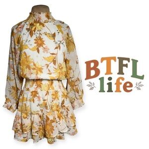 BTFL-life Retro Floral Ambrielle Floral Smocked Long Sleeve Mini Dress Large